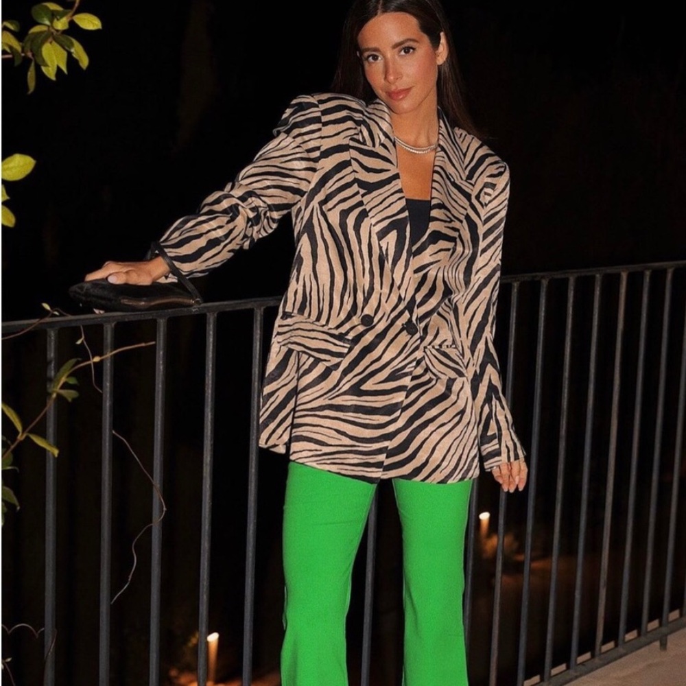 Zara Black and Beige Zebra-Print Blazer with Bright Green Pants